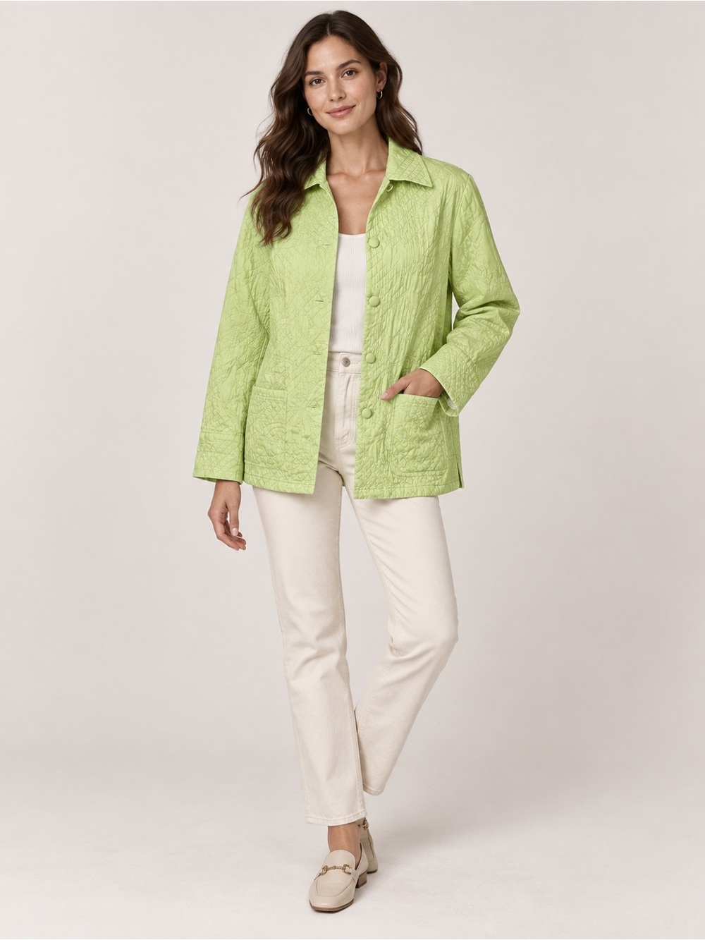 Coldwater Creek Lime Quilted Button-Front Utility Jacket